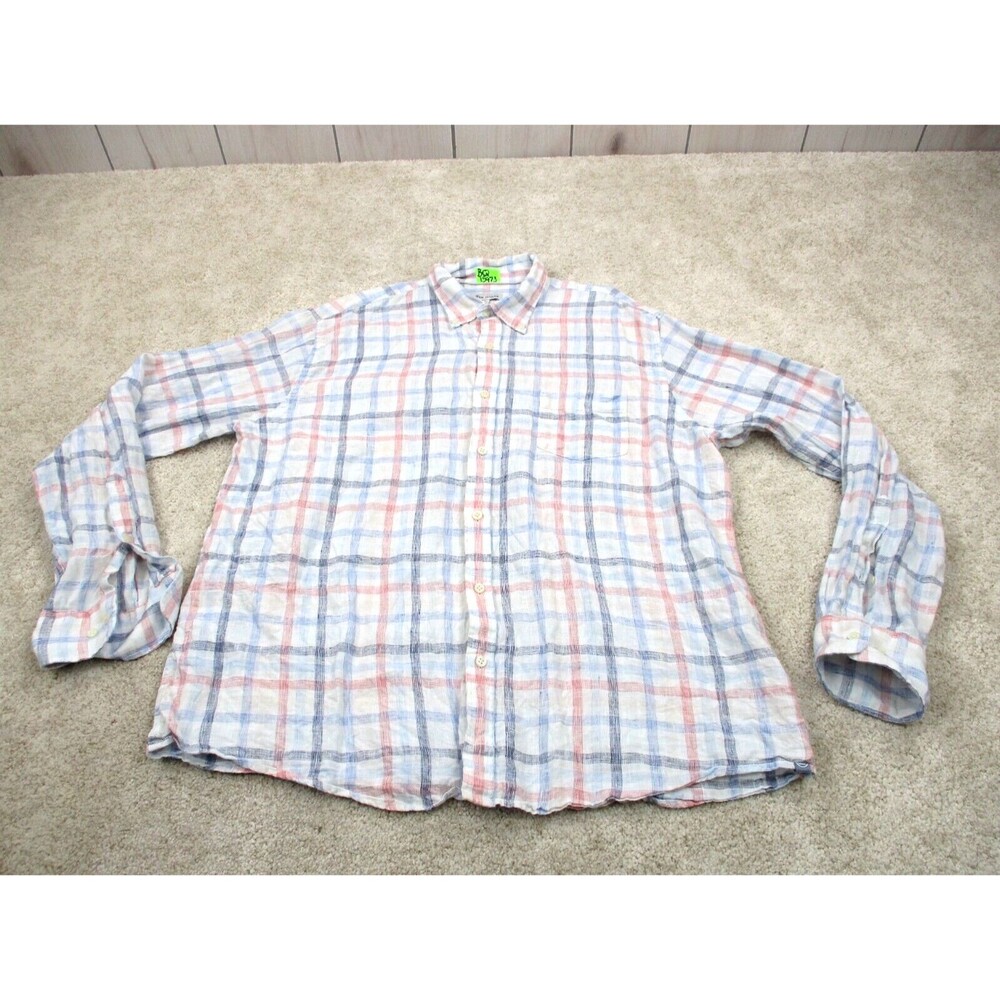 Peter Millar Shirt Men Extra Large White Blue Pink Plaid Linen Casual Button Up